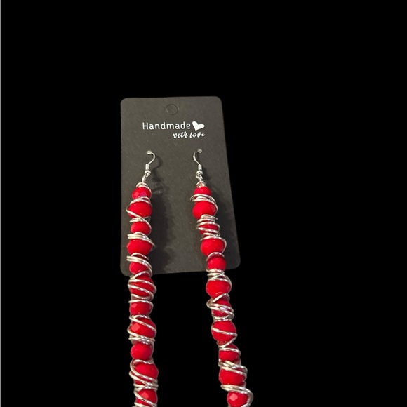 Handcrafted 5” Red Wired Wrapped Long Earrings - Picture 5 of 7